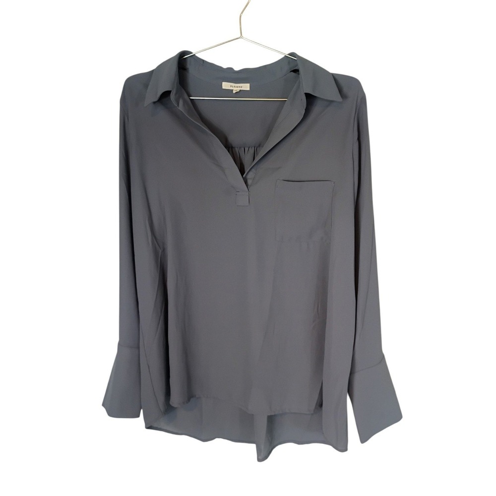 Pleione Womens Long Sleeve Split Neck Blouse Slate Blue Gray High Low Hem M
